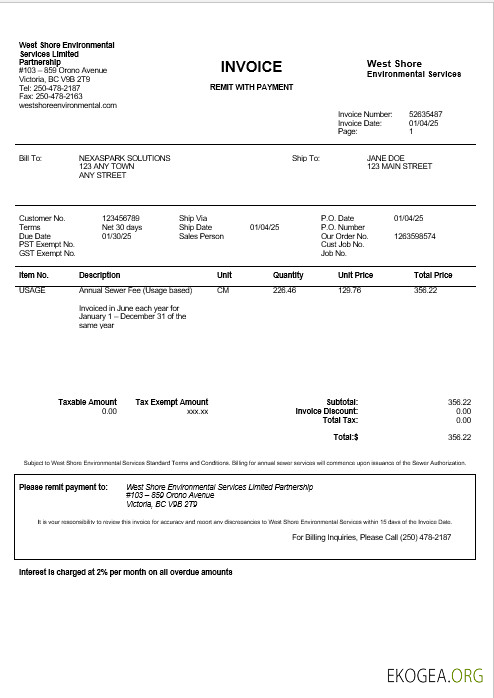 Modèle Word et PDF de facture de services publics des entreprises USA WEST SHORE
